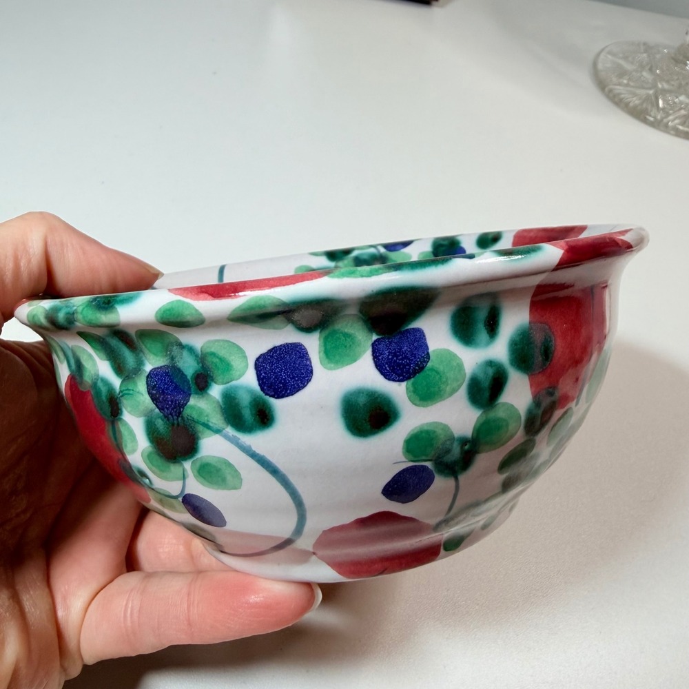Studio Pottery Signed Hand Painted Floral Berry Ceramic Bowl Terracotta 5" - Picture 4 of 8